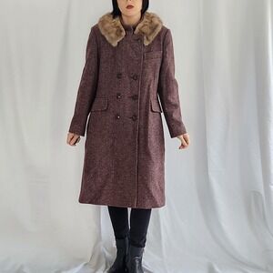 Vintage 1960 Brown 100% Wool Double-Breasted Coat with Vintage Mink Fur Collar